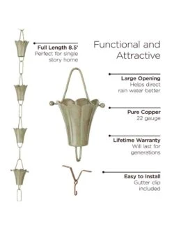 Fluted Flower Pure Copper Rain Chain, 8.5' -Backyard Bloomers 8612742 03v