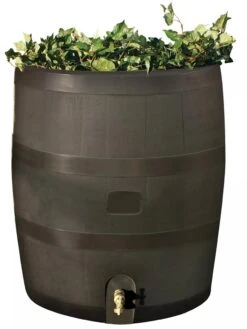Round Rain Barrel With Planter, 35 Gallons -Backyard Bloomers 8612856WALNT 01V tif