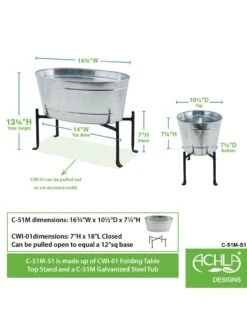 Achla Designs Mini Oval Galvanized Tub With Folding Stand -Backyard Bloomers 8612906 04v