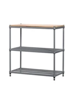 MeshWorks © 3 Tier Plant Shelving With Wood Top -Backyard Bloomers 8613017 04v meshworks 3 tier plant shelf with wood top silver